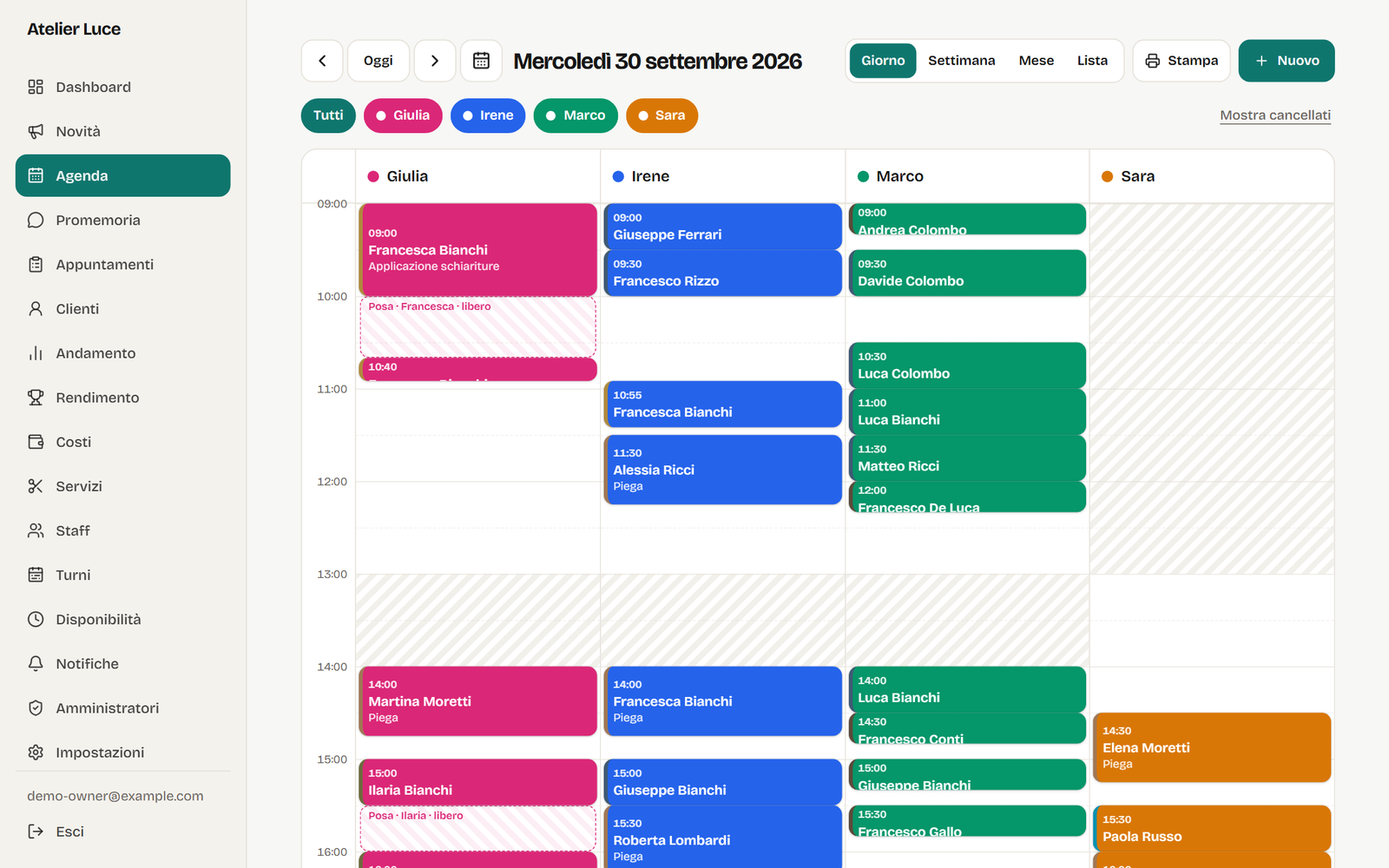 L'agenda del giorno di un salone, con una colonna per ogni collaboratore e le pose del colore in evidenza