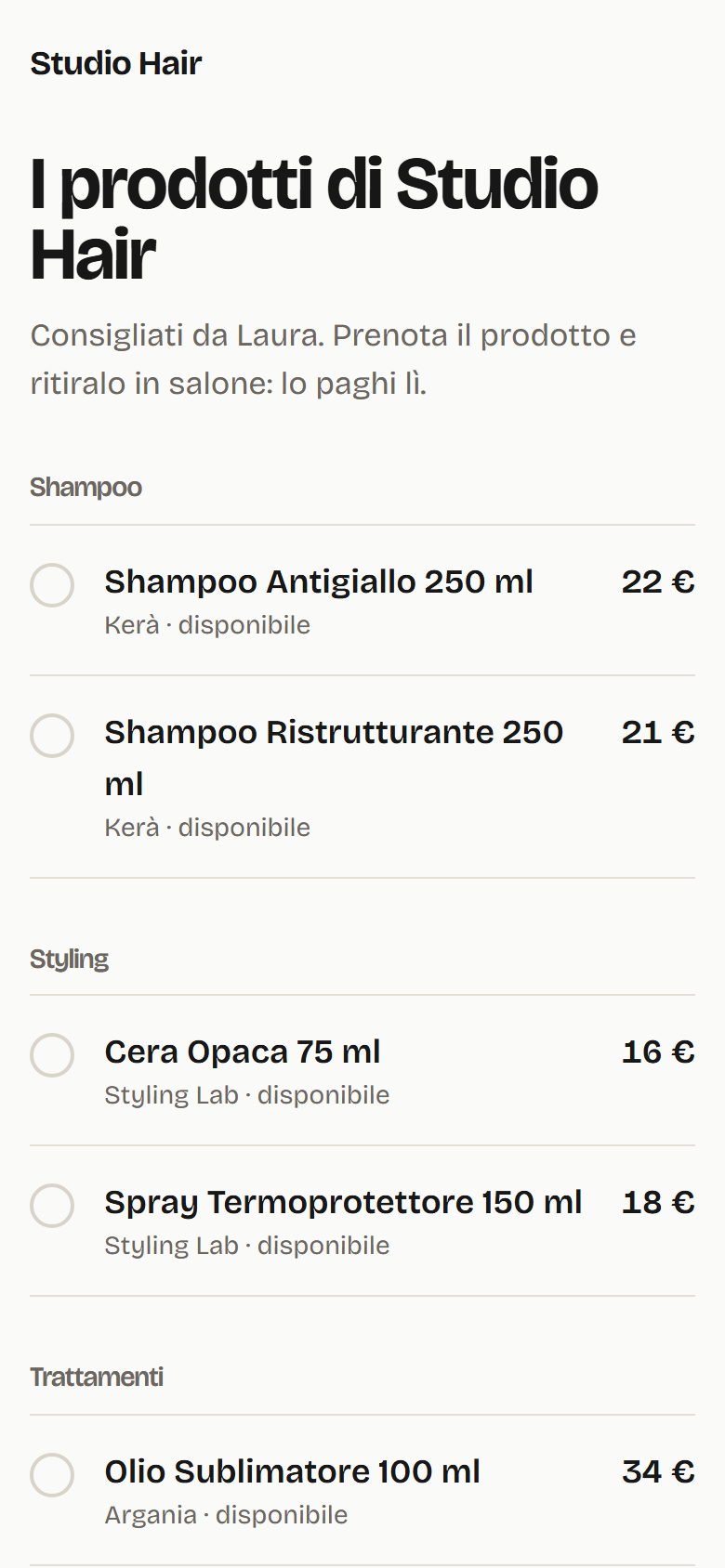 La pagina dei prodotti del salone sul telefono, consigliati da una collaboratrice, con prezzi e disponibilità