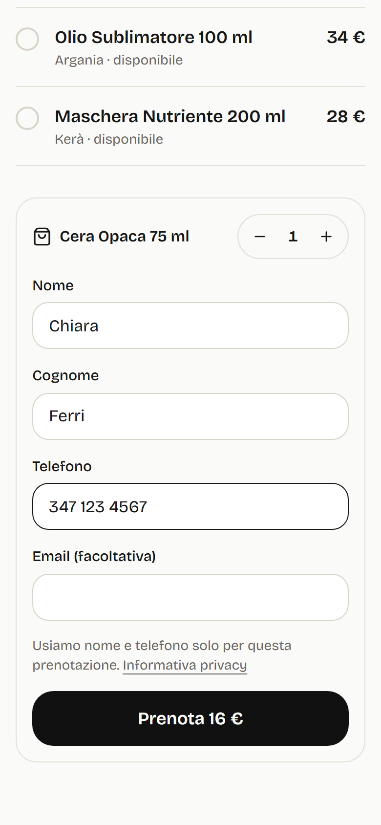 La prenotazione di un prodotto da ritirare in salone: quantità, nome, cognome e telefono