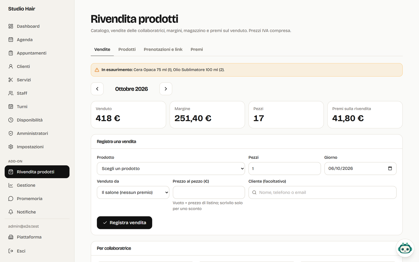 La pagina Rivendita prodotti: venduto, margine, pezzi e premi del mese, l'avviso dei prodotti in esaurimento e il modulo per registrare una vendita